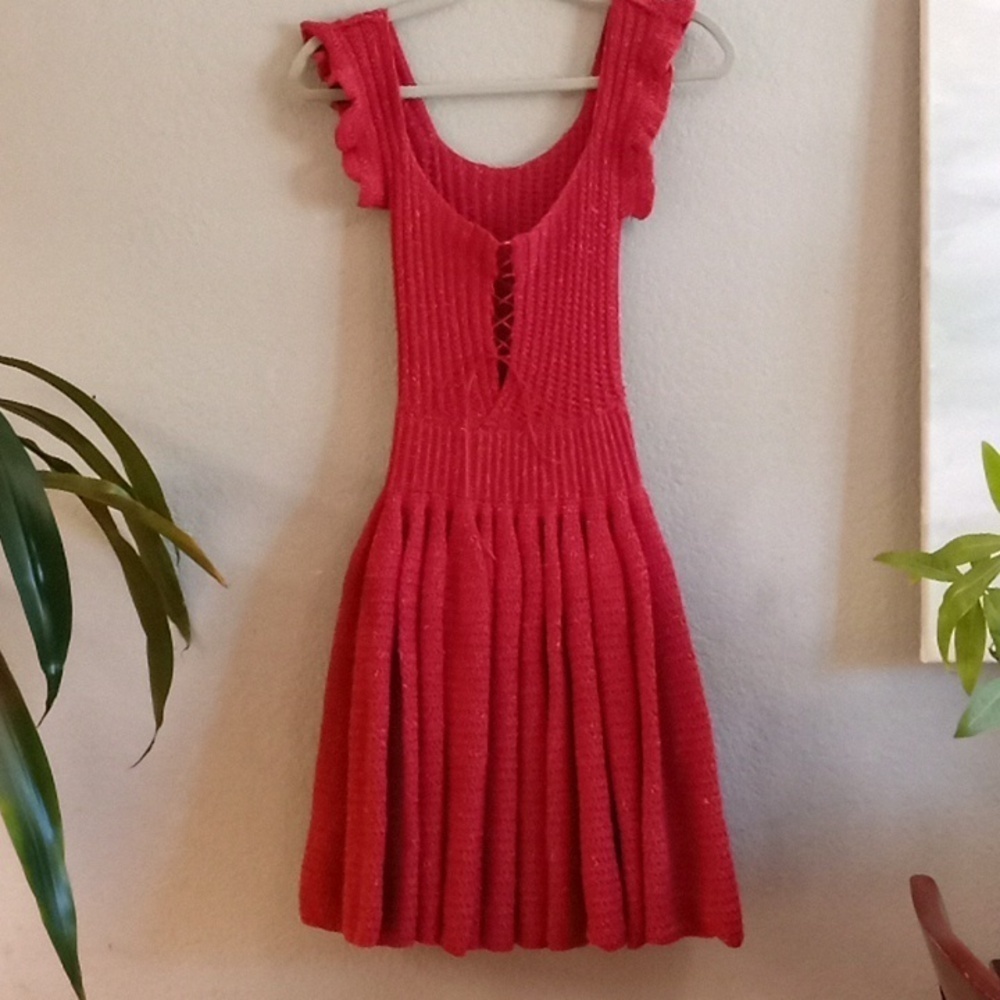 Hand Crocheted Little Mexico Dress w Ribbon Lace Up Bodice Full Flare Sk…